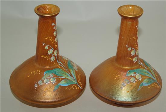 A pair of Bohemian enamelled lustre bottle vases, early 20th century, 14cm